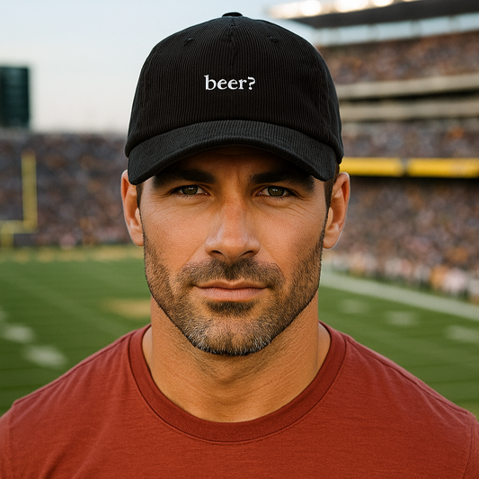Man wearing a black cap with 'beer?' text on a sports field