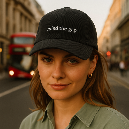 Woman wearing a black cap with 'mind the gap' text on a city street.