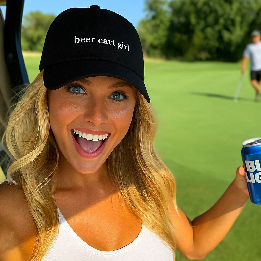 Woman on a golf course holding a Bud Light can, wearing a 'beer cart girl' cap.