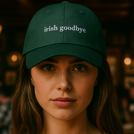 Woman wearing a green cap with 'irish goodbye' text in a bar setting